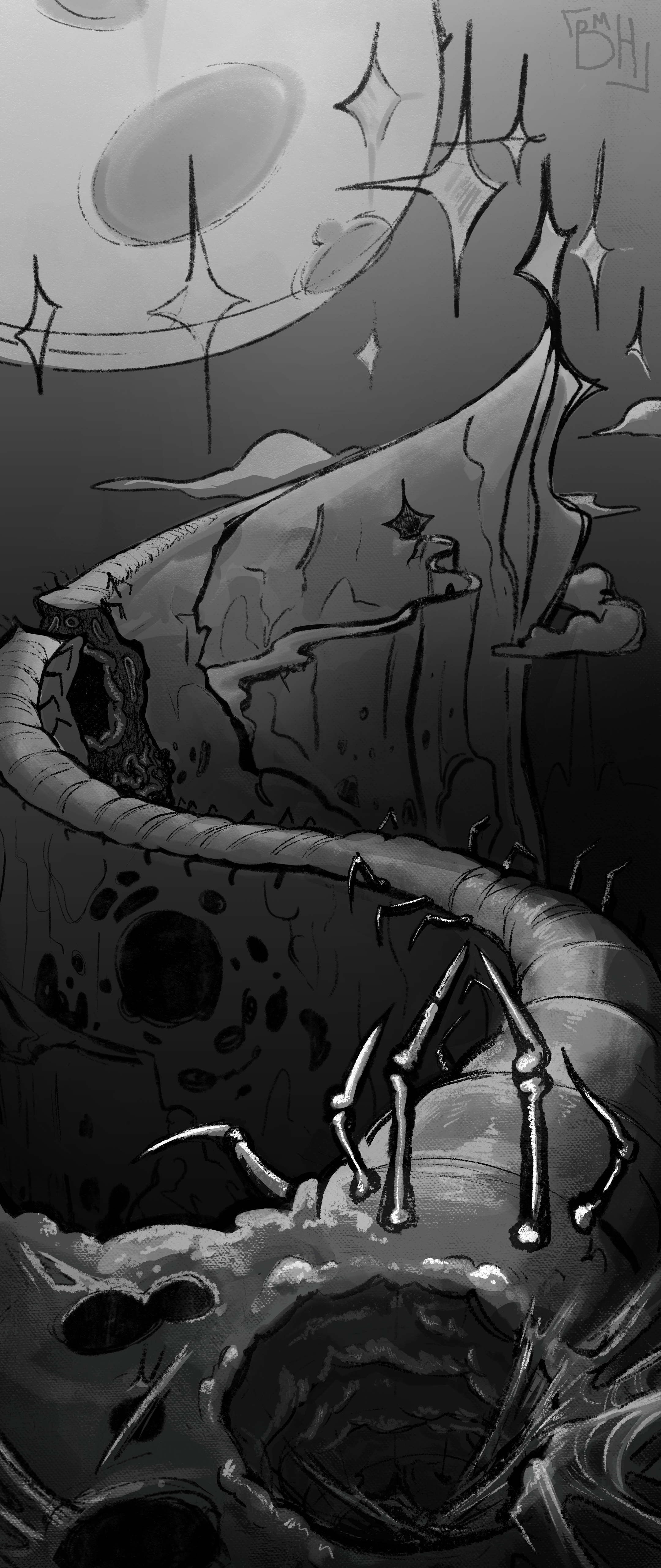 A long vertical pan of a sci-fi mountain with centipede motifs.